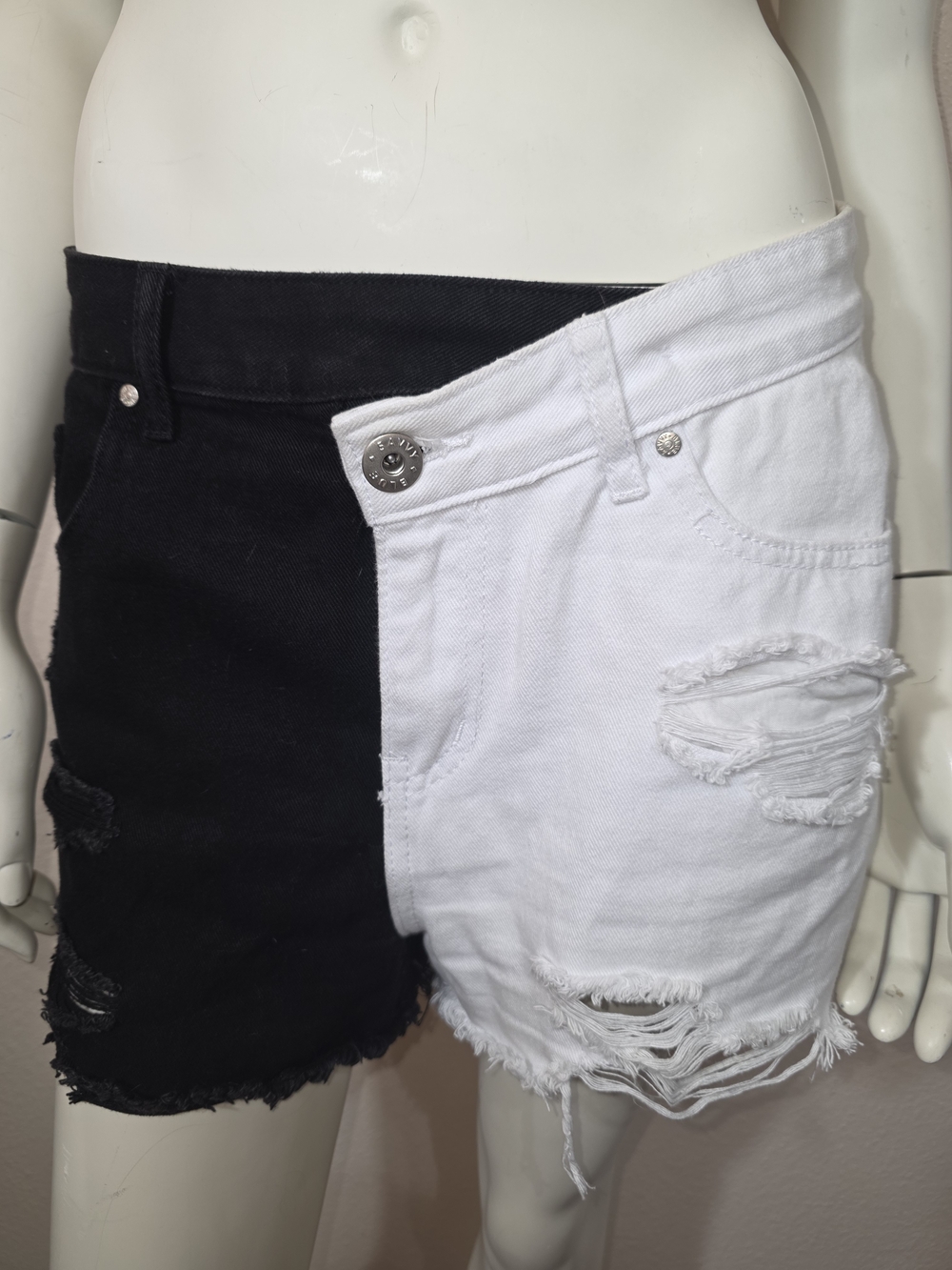 Blue Savvy Split Color Black White Denim Shorts Size 9 29 Y2K Distressed Alt